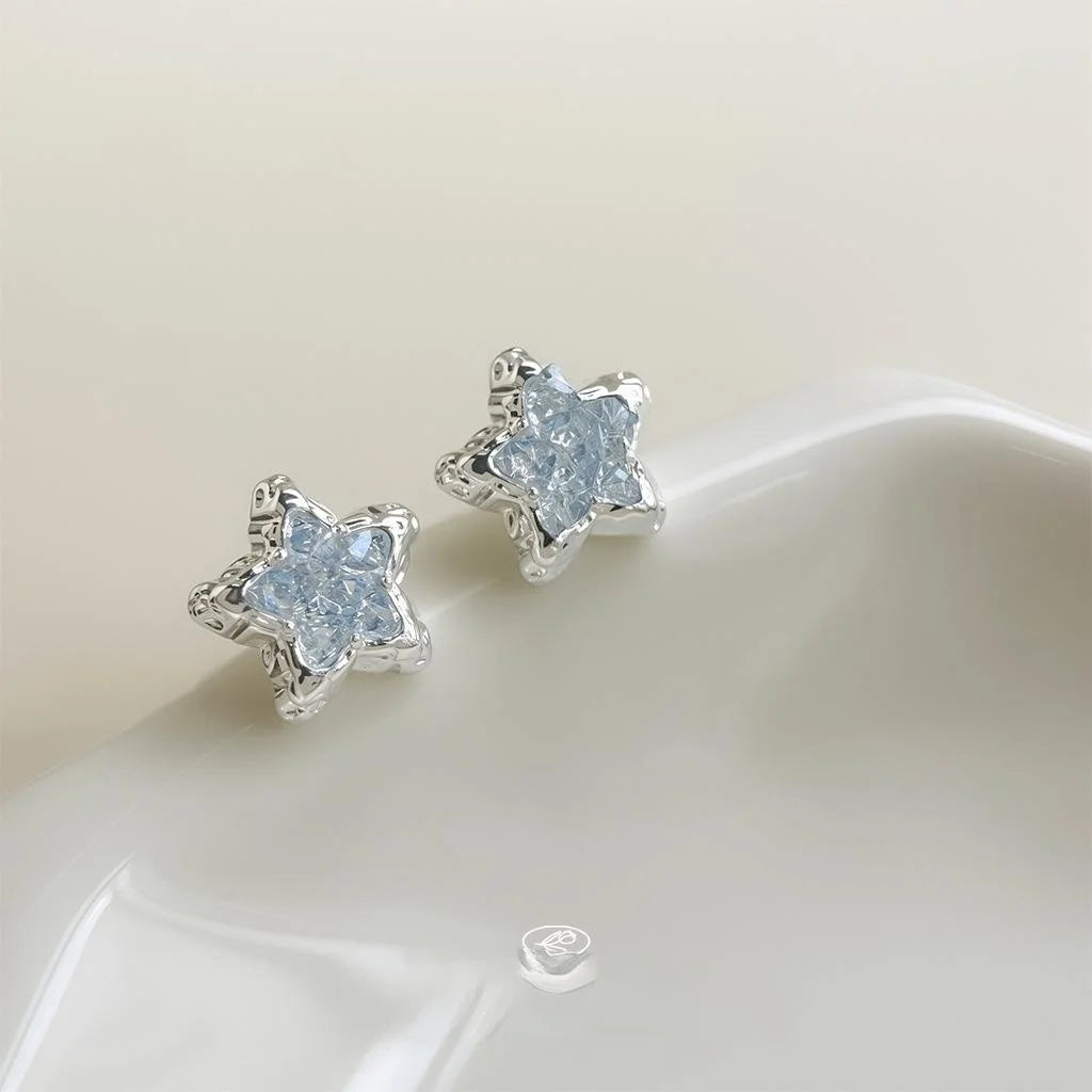 Blue Ice Glass Crystal Five Point Star Stud Earrings Silver Plated Fresh Sweet Summer Jewelry