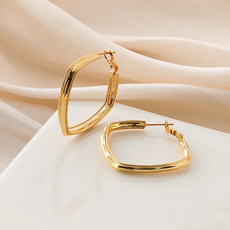 Elegant Gold Alloy Multi Layer Square Hoop Stud & Clip On No Piercing Geometric Hong Kong Style Earrings