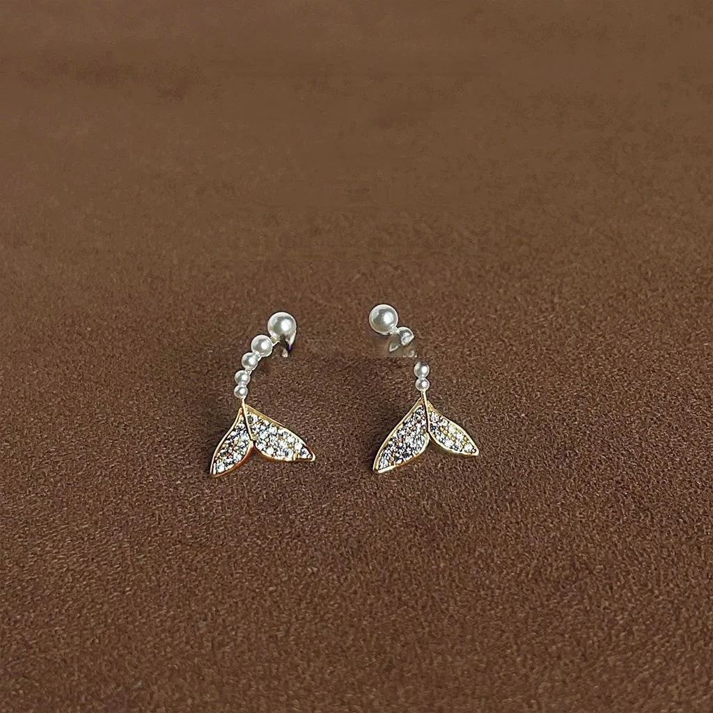 14K Gold Plated Copper Fishtail Micro Pave Zircon Stud Earrings Light Luxury Style