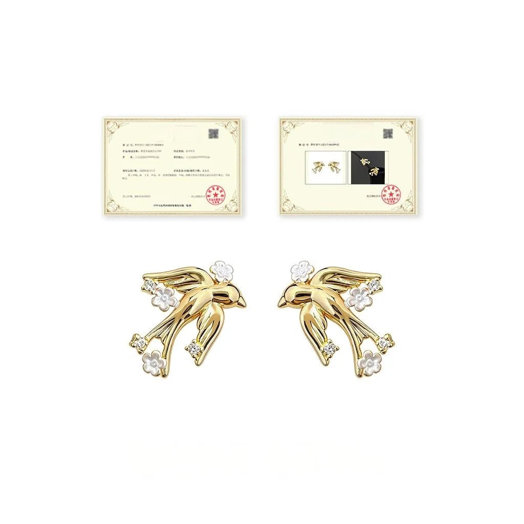 Original Chinese Style Flying Bird Micro Pave Zircon Eco Copper Stud Earrings