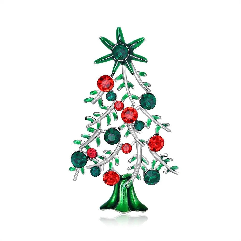 Elegant Christmas Tree Brooch With Red Green Rhinestones And Enamel Leaves, Alloy Lapel Pin Holiday Gift