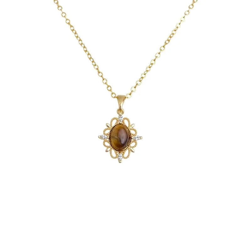 18K Gold Plated Copper Natural Tiger Eye Stone Flower Geometric Maillard Vintage Collarbone Necklace