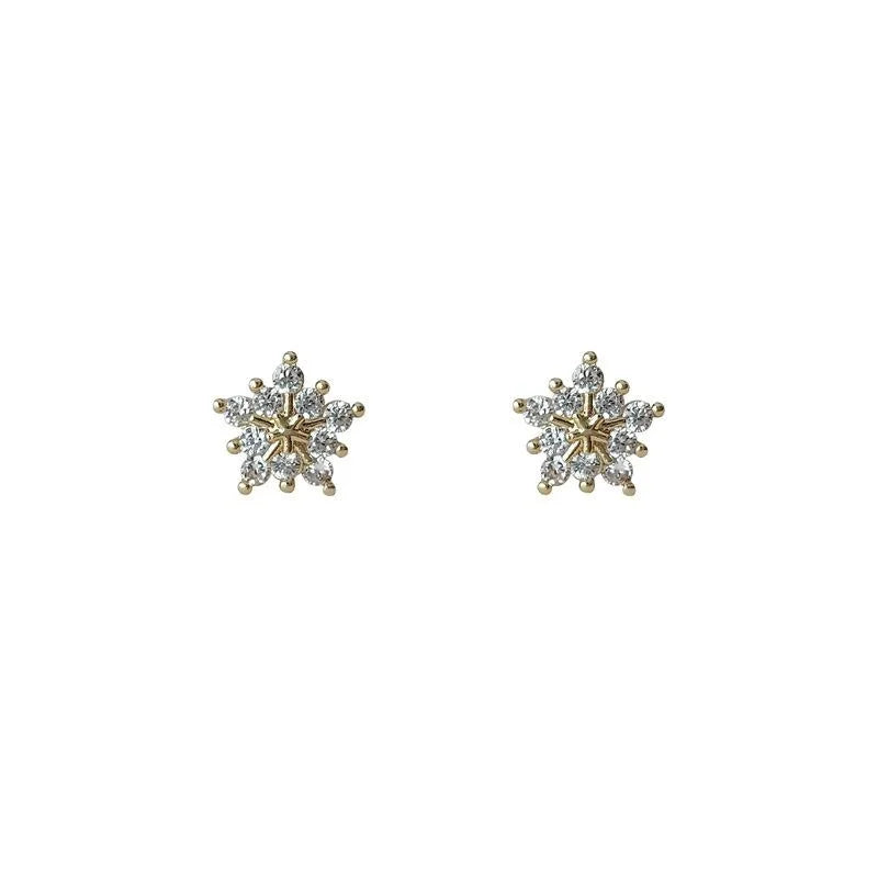 Sweet Snowflake Zircon Stud Earrings 14K Plated Copper Women Jewelry