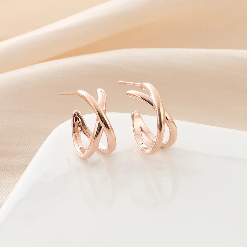 Elegant Rose Gold Alloy Spiral Disc Cross Hoop Stud & Clip On No Piercing Women's Fashion Earrings