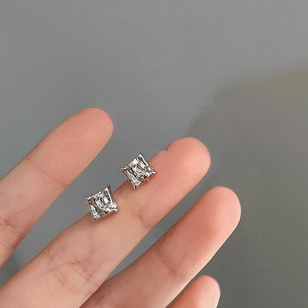 Gold Tone Liquid Irregular Square Copper Stud Earrings For Women, Geometric Korean Fashion