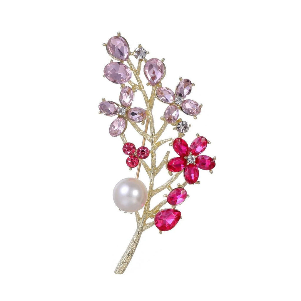 Elegant Colorful Flower Branch Brooch With Pearl Rhinestone Alloy Leaves, Women's Lapel Pin Corsage Gift