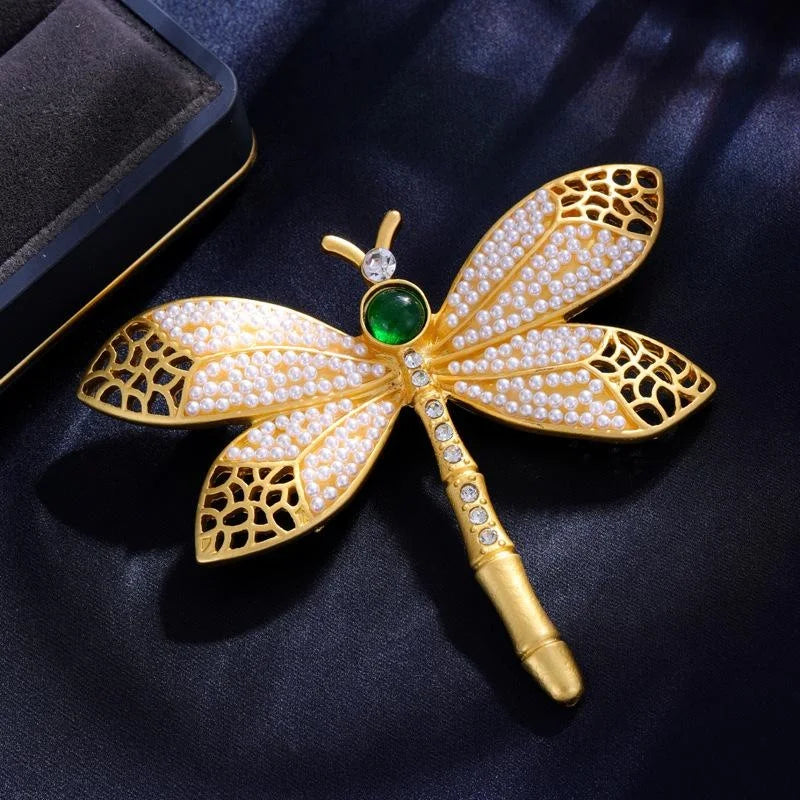 Luxury Dragonfly Brooch With Faux Pearl Wings And Rhinestone Body, Elegant Lapel Pin Corsage Suit Accessory
