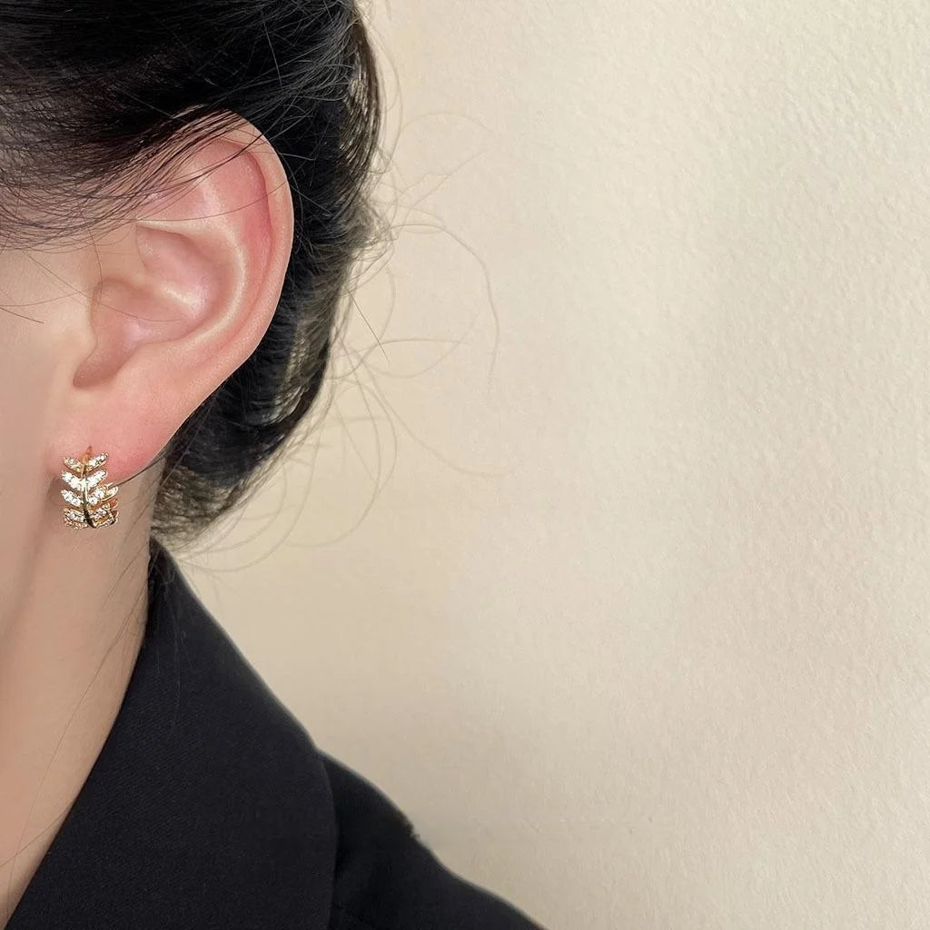 14K Gold Plated Copper Wheat Ear Micro Pave Zircon Stud Earrings Elegant Geometric Jewelry