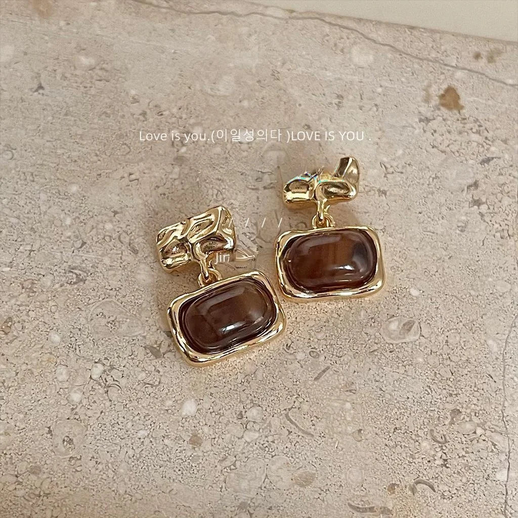 French Vintage Geometric Square Copper Resin Drop Earrings Elegant Handmade Fashion Jewelry