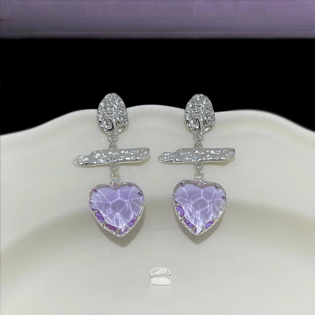 Light Luxury Purple Glass Crystal Heart Tassel Drop Earrings For Women Copper Geometric Jewelry