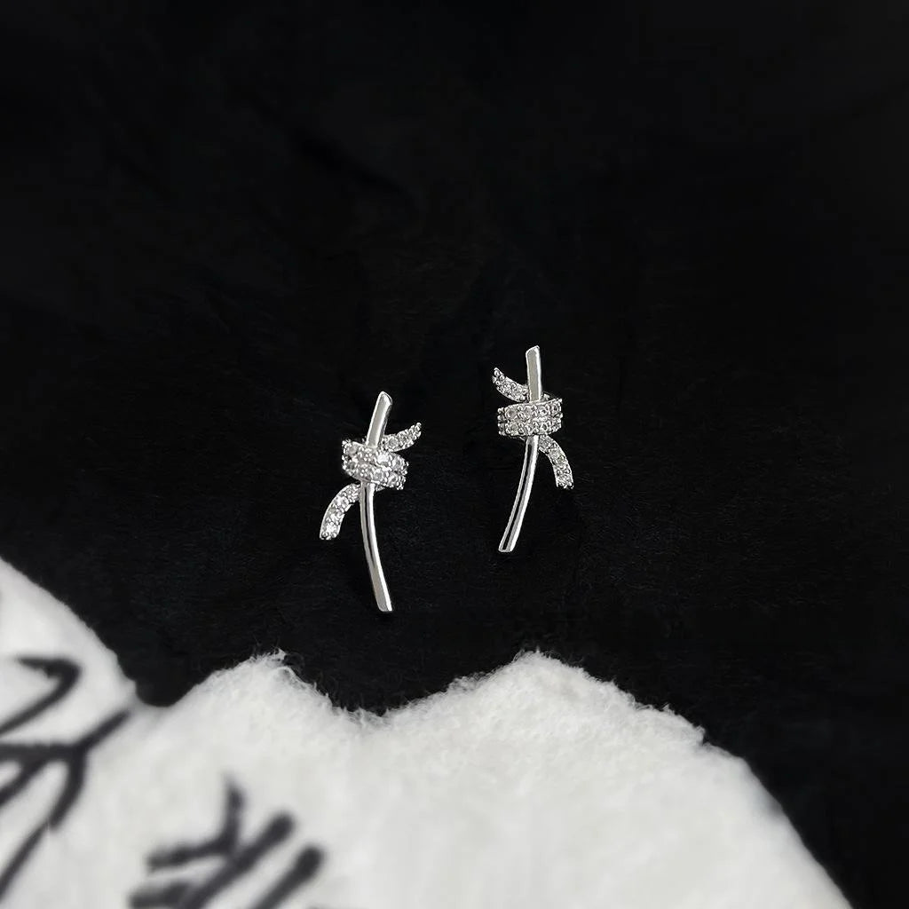 Niche Designer Copper Zircon Bow Knot Stud Earrings, Minimalist Geometric Ribbon Style