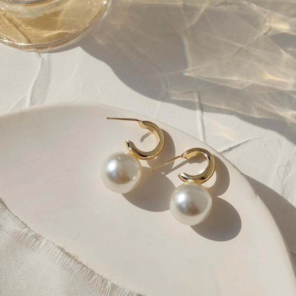 French Style 14K Gold Plated Copper C-Shaped Large Pearl Drop Earrings For Women