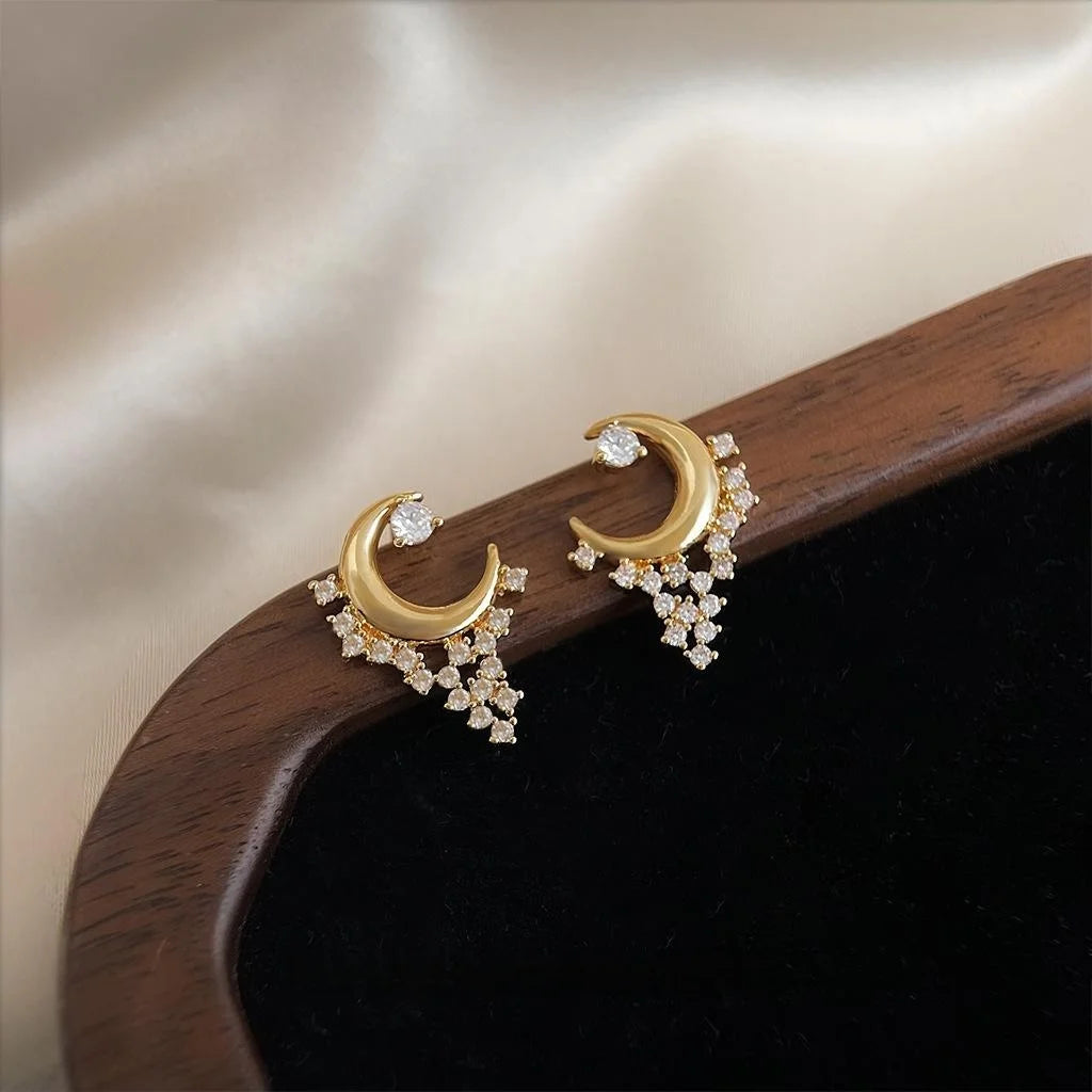 14K Plated Copper Moon Star Micro Pave Zircon Stud Earrings For Women