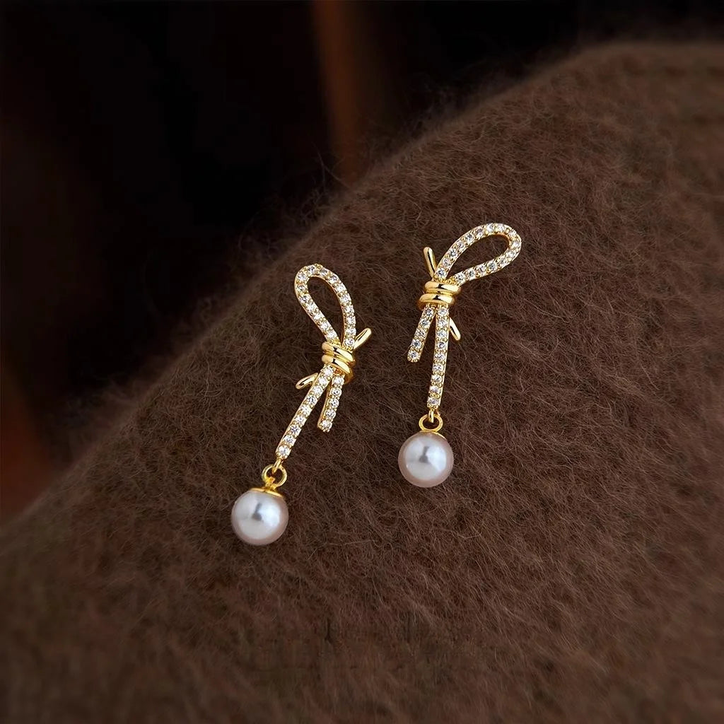 Sweet Bow Knot Drop Earrings With Zircon, Pearl, Hollow Geometric Copper Jewelry