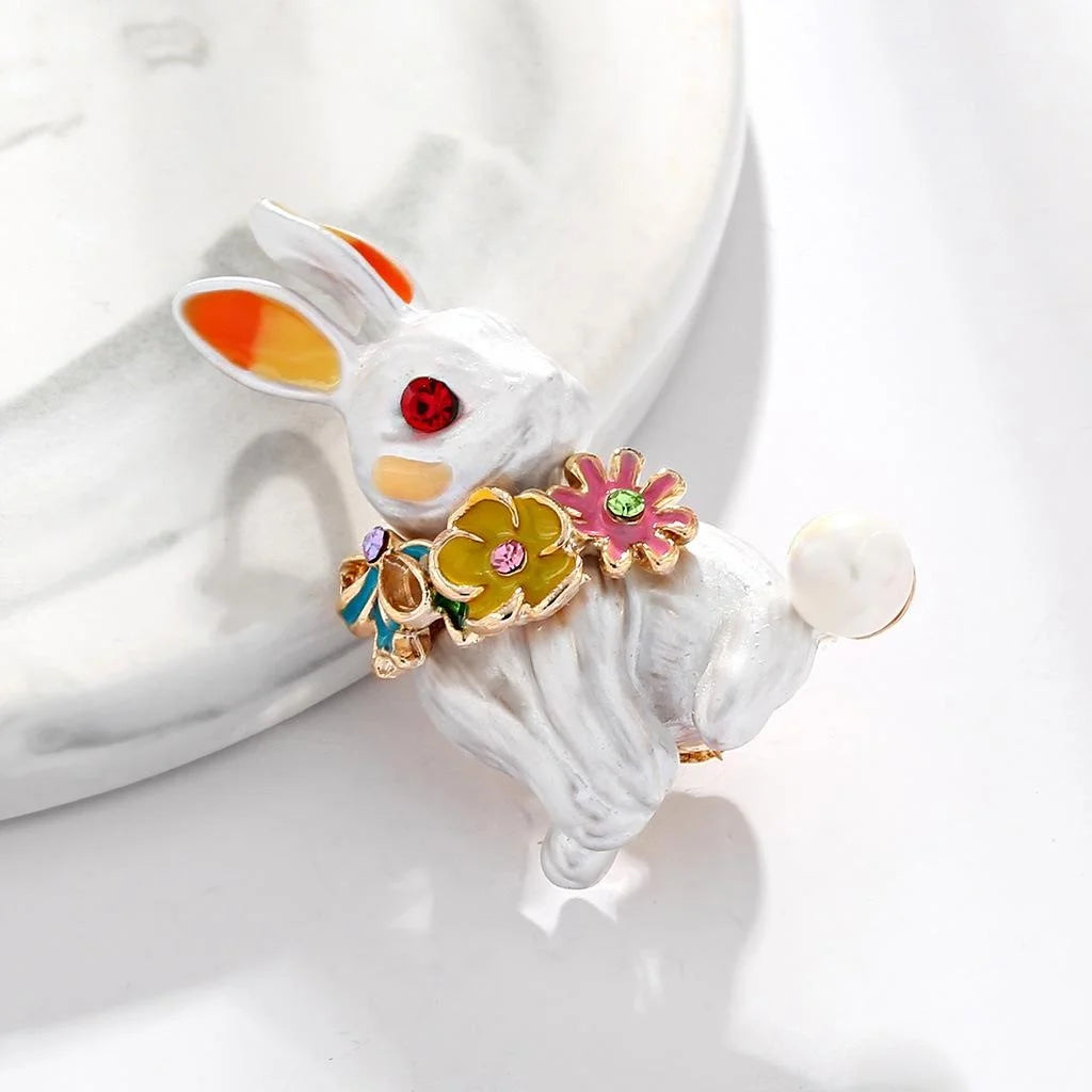 Cute Enamel Rabbit Brooch With Rhinestone Eyes, Alloy Flower Corsage Lapel Pin For Suit Accessory Gift