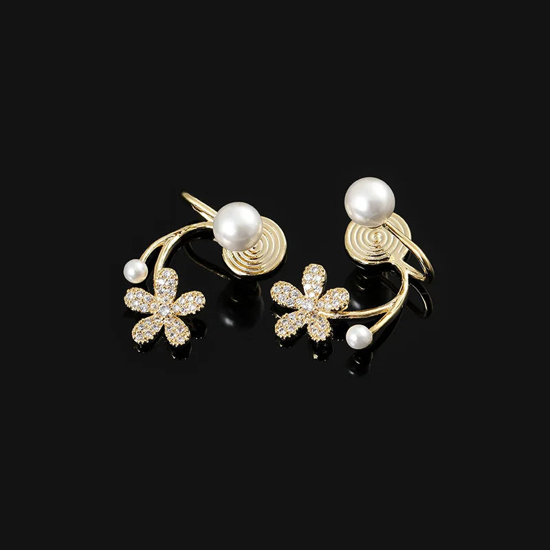 Luxury Pearl Flower Rhinestone Spiral Stud & Clip On No Piercing Gold Alloy Drop Women's Earrings