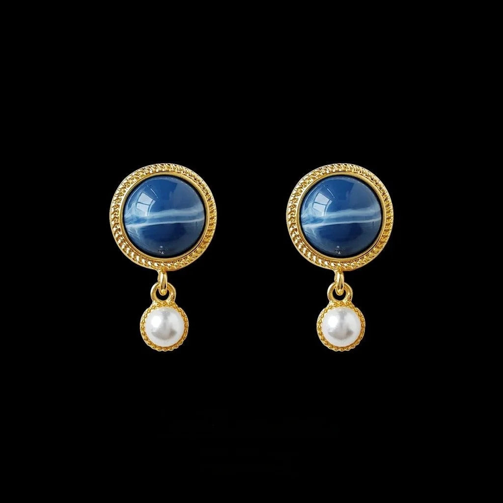 French Vintage 14K Plated Copper Pearl Geometric Round Drop Earrings For Women