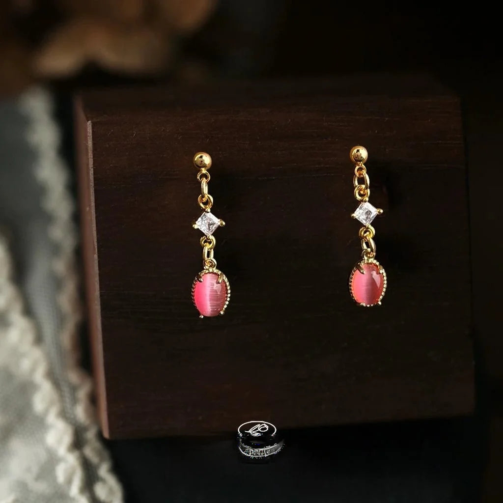 Sweet Rose Red Glass Cat Eye Stone Micro Pave Zircon Copper Geometric Drop Earrings