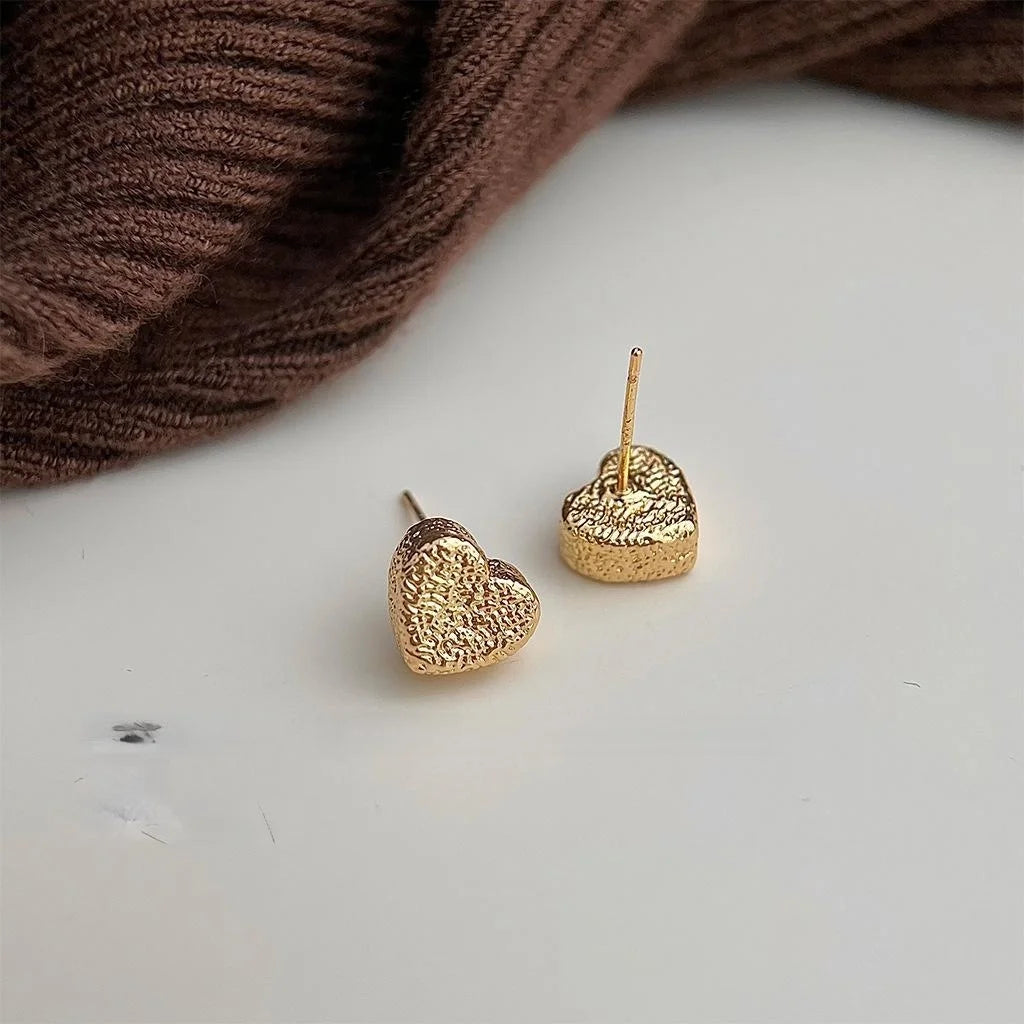 14K Electroplated Matte Mini Heart Stud Earrings For Women Copper Jewelry