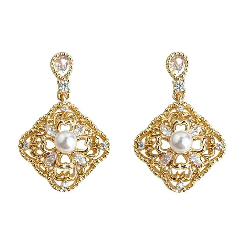 Light Luxury Eco-Friendly Copper Zircon Floral Geometric Square Drop Earrings With Silver Plated Pins