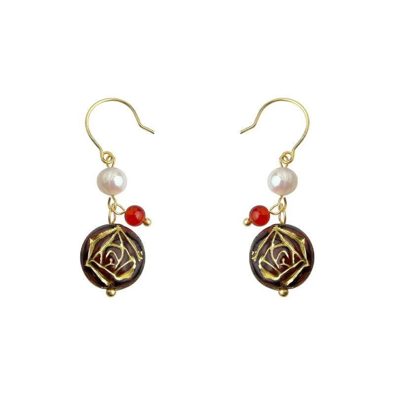 Vintage Handmade Freshwater Pearl Czech Glass Geometric Round Drop Earrings