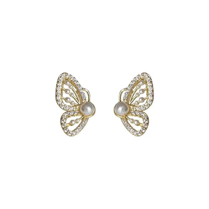 Korean Style 14K Plated Copper Micro Pave Zircon Butterfly Stud Earrings