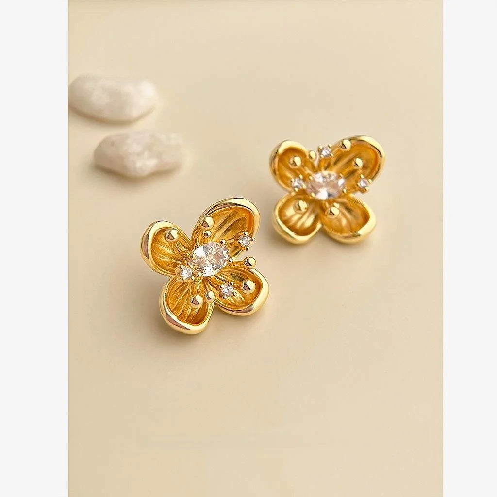 Vintage Ethnic Plum Blossom Zircon Stud Earrings With 14K Plated Copper