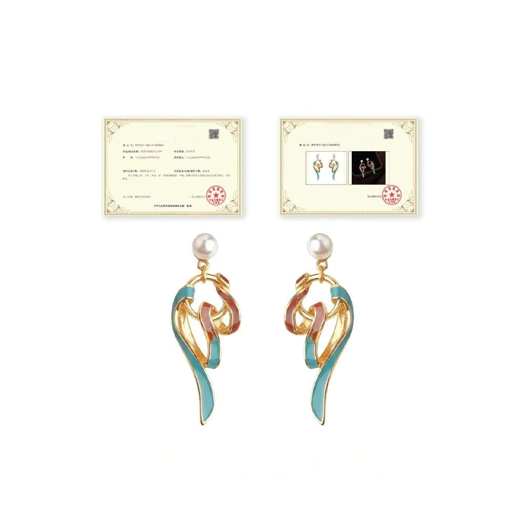 Dunhuang Inspired Ribbon Drop Earrings Handmade Painted Copper Enamel Drip Glaze Pearl Chic Jewelry