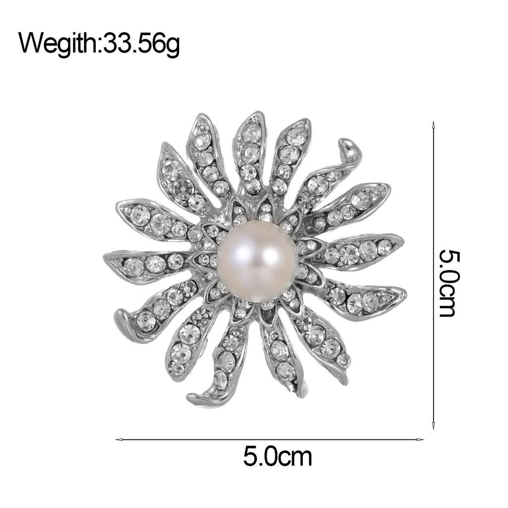 Luxury Sunflower Pearl Rhinestone Brooch Pin, Silver Alloy Crystal Lapel Corsage Suit Accessory Gift