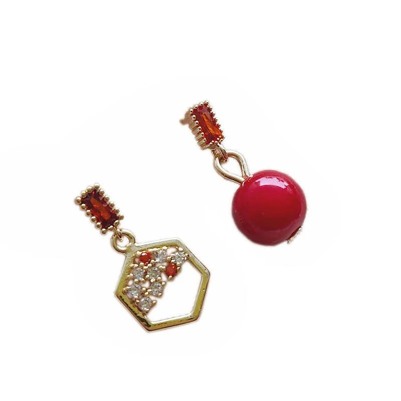 Chinese Style Asymmetric Red Pearl Micro Pave Zircon Hollow Geometric Stud Earrings