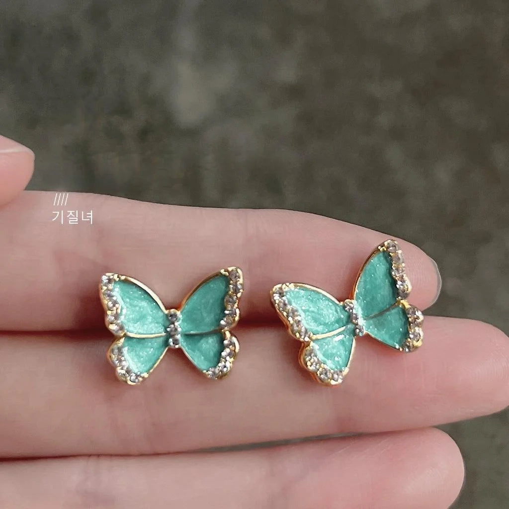 14K Gold Plated Butterfly Stud Earrings Sweet Enamel Rhinestone Jewelry