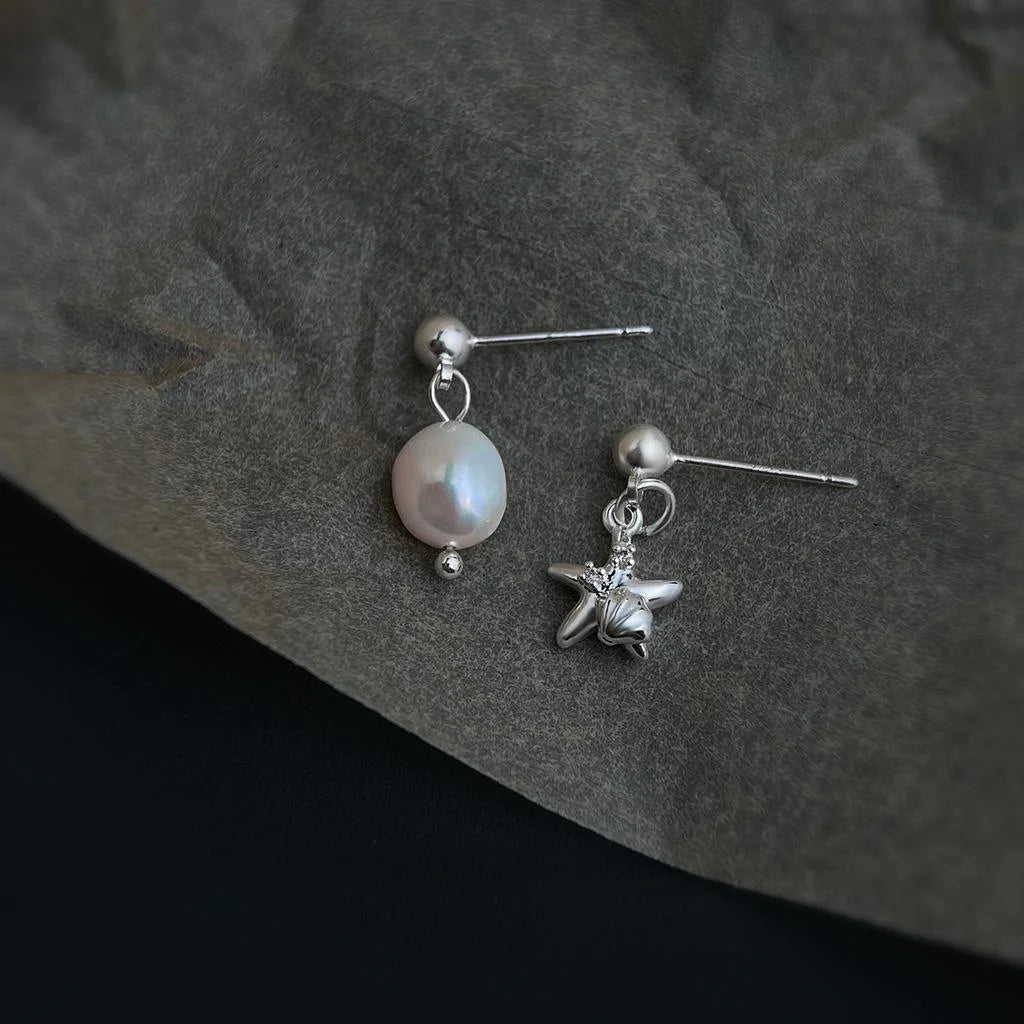 Luxury Asymmetric Baroque Freshwater Pearl Starfish Drop Earrings Geometric Ocean Jewelry