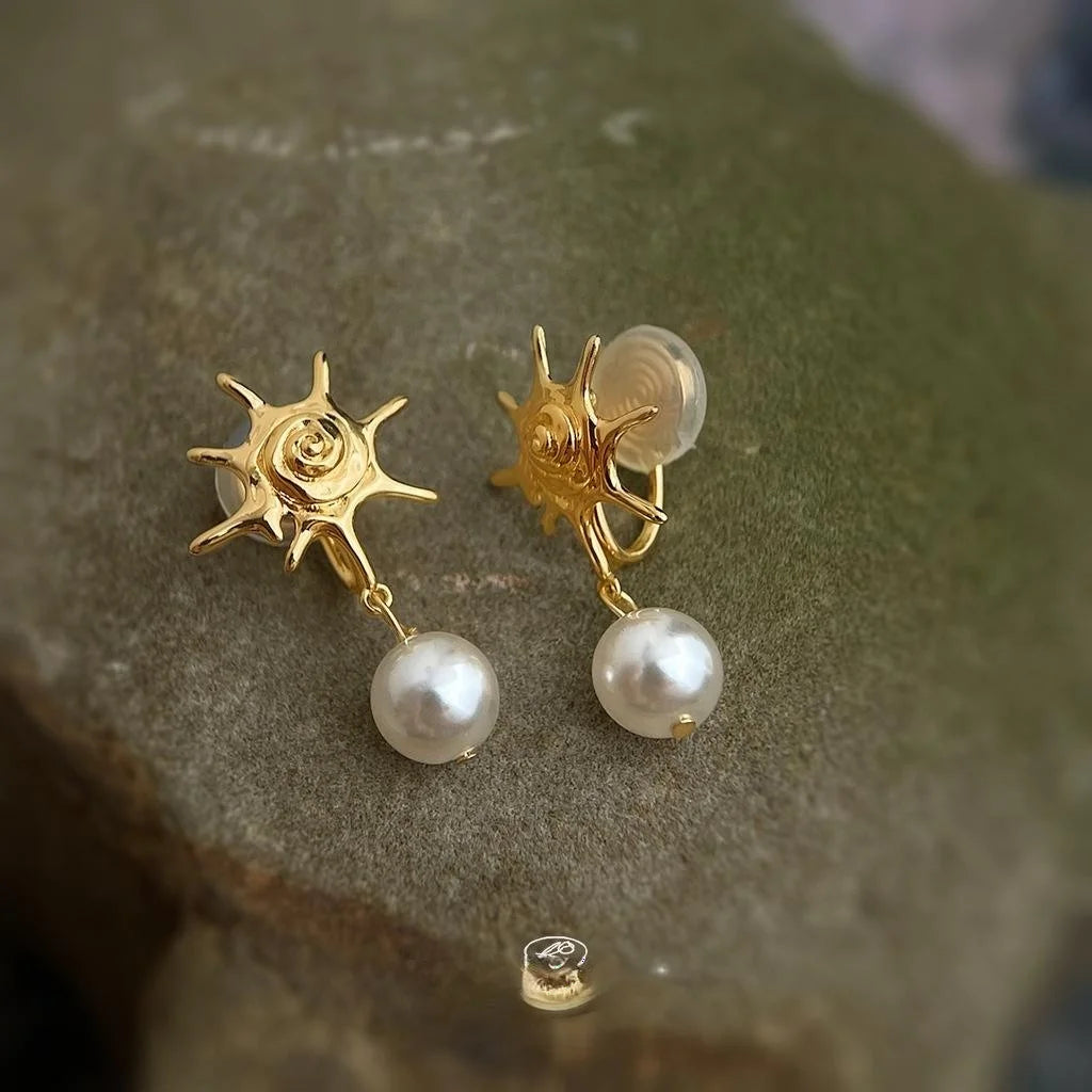 Ocean Style Conch Glass Pearl Drop Earrings Copper Star Geometric Elegant Designer Jewelry