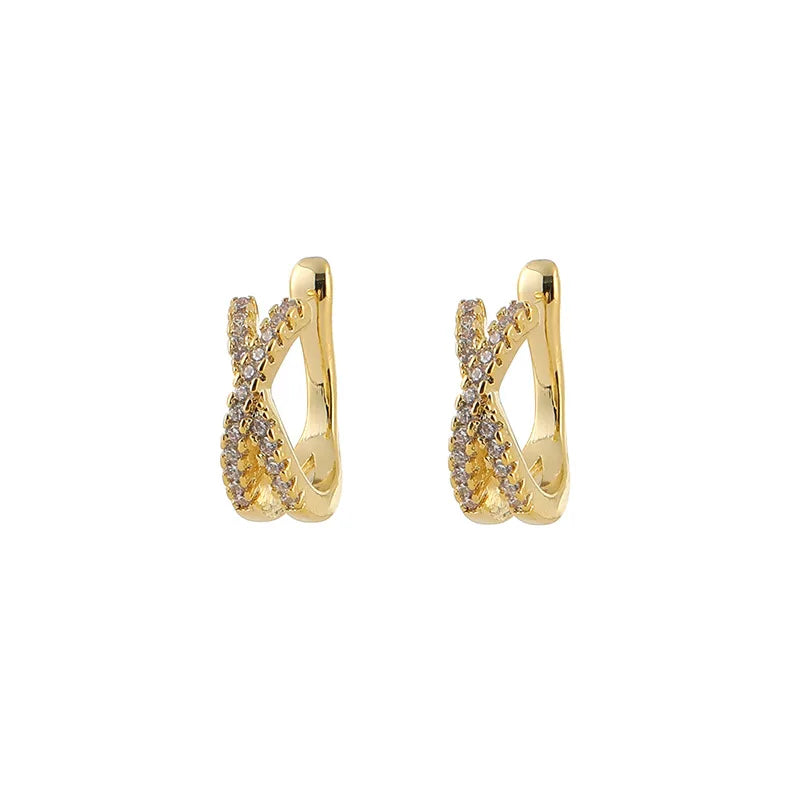 Elegant X Cross Zircon Ear Cuff Stud & Clip On No Piercing Layered Gold Alloy Women'S Earrings