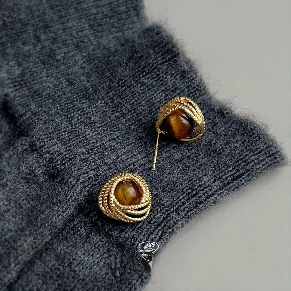 Maillard Style Copper Tiger Eye Stud Earrings Vintage Round Geometric Line Design