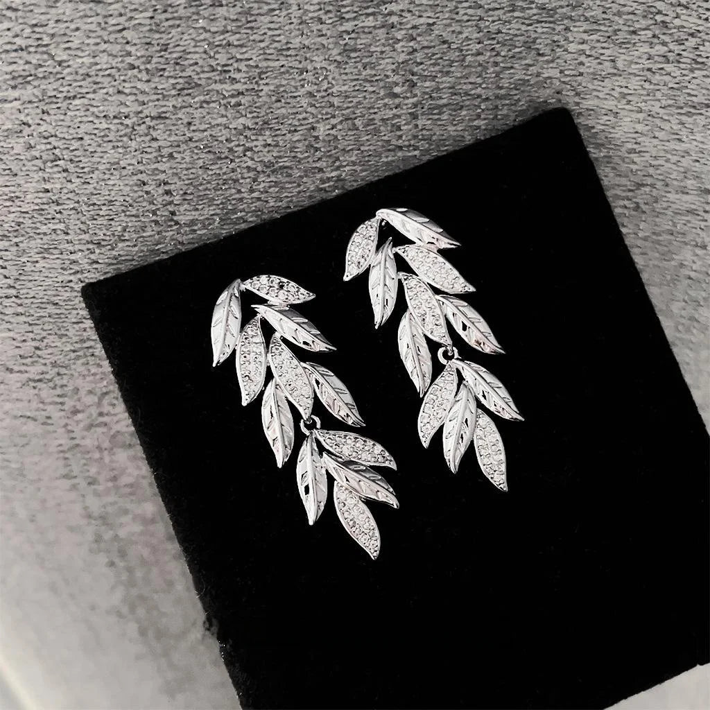 Copper Leaf Drop Earrings With Micro Pave Zircon, Elegant Banquet Jewelry