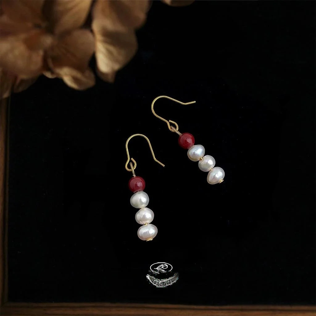 Handmade Ethnic Vintage Freshwater Pearl And Red Agate Round Geometric Drop Earrings