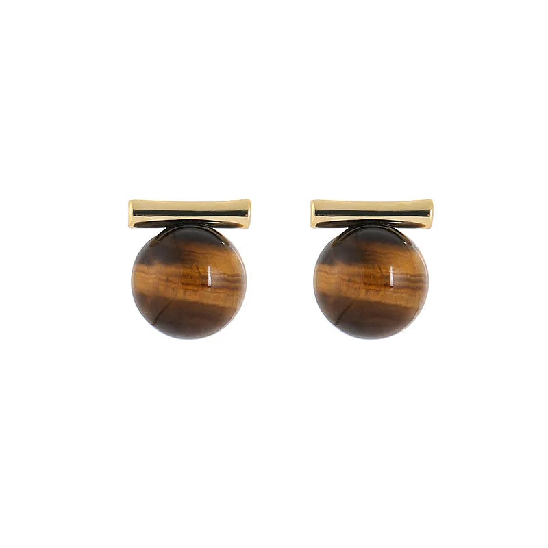 Elegant Tiger Eye Stone Round Ball Gold Alloy Bar Stud & Clip On No Piercing Commuter Earrings