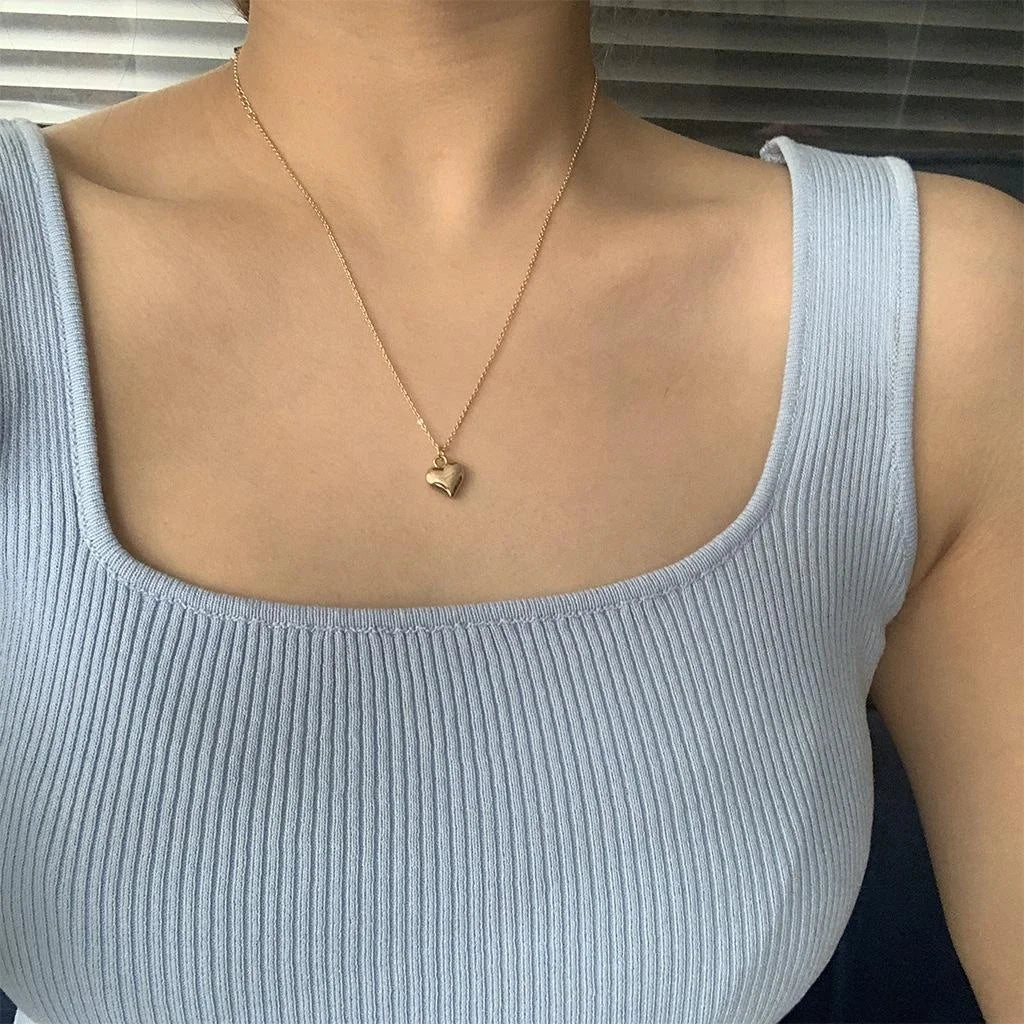 14K Gold Plated Copper Heart Pendant Necklace For Women Korean Minimalist Collarbone Chain