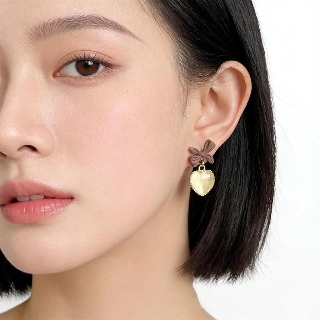 Vintage Artistic Lacquered Glass Cat Eye Stone Heart Bow Drop Earrings