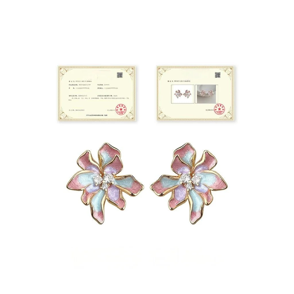 Spring Sweet Floral Enamel Drop Earrings, Copper Zircon Painted Petal