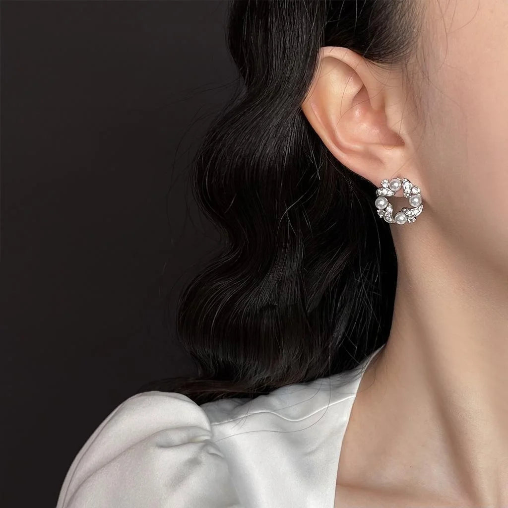 Light Luxury Geometric Hollow Round Zircon Copper Drop Earrings With Silver Plated Pins