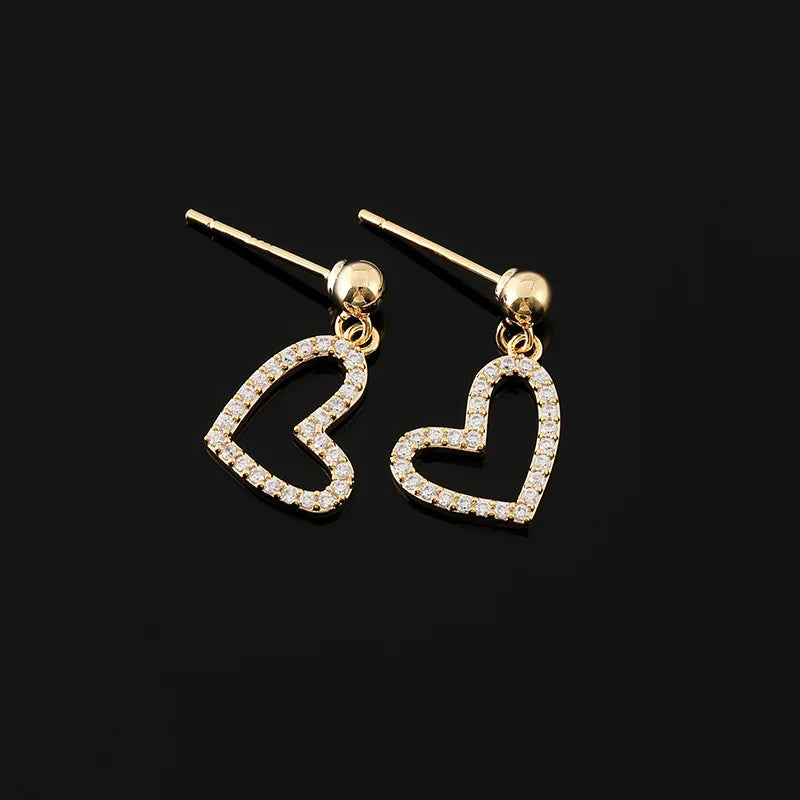 Elegant Zircon Paved Gold Heart Drop Stud & Clip On No Piercing Sweet Alloy Dangle Earrings