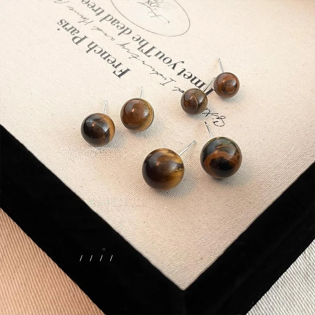 Vintage Style Tiger Eye Round Stud Earrings Amber Geometric Modern Chinese Elegant Jewelry