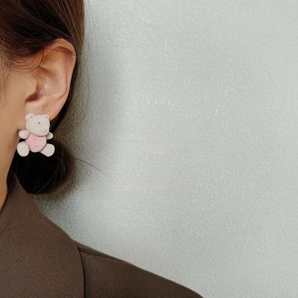Winter Cute Plush Bear Stud Earrings With Silver Plated Posts, Korean Japanese Girly Jewelry