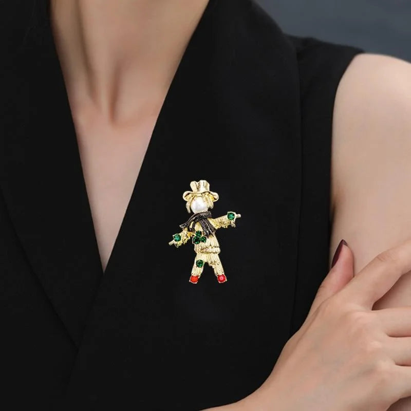 Vintage Scarecrow Pearl Rhinestone Brooch, Gold Alloy Straw Man Lapel Pin For Suit Accessory Gift