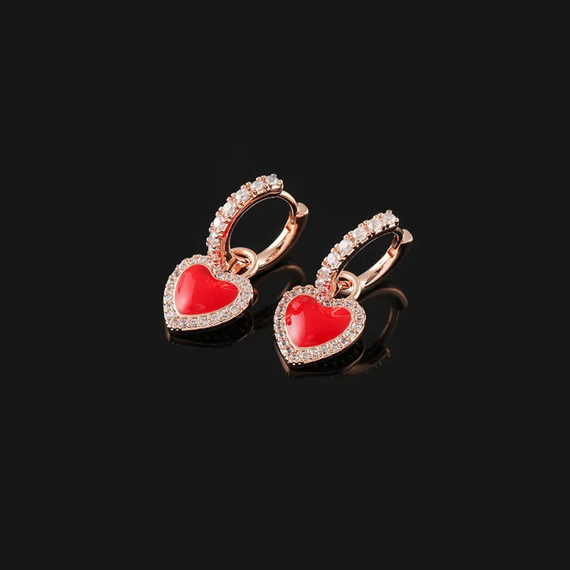 Elegant Luxury Red Enamel Heart Rhinestone Hoop Stud & Clip On No Piercing Birthday Gift Earrings