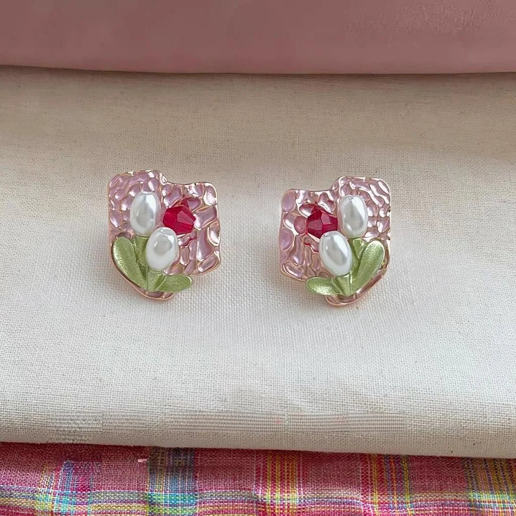 Monet Garden French Vintage Tulip Flower Stud Earrings With Pearl And Glass Crystal