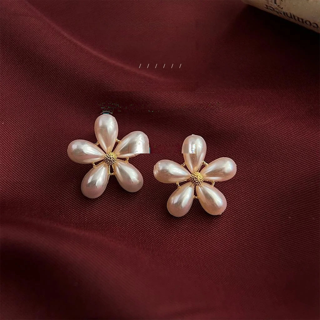 French Vintage Faux Pearl Sunflower Floral Teardrop Stud Earrings