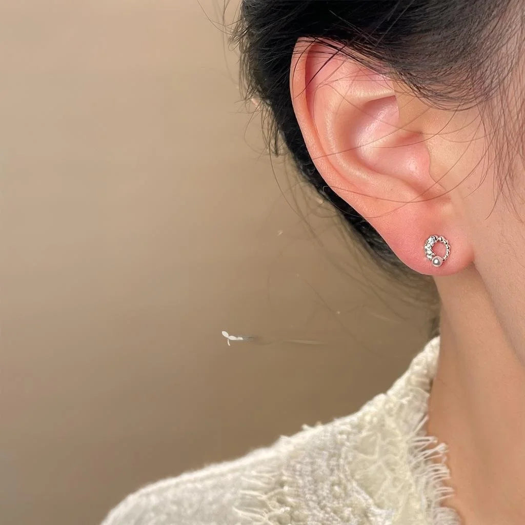 Tiny Silver Plated Micro Pave Zircon Geometric Round Stud Earrings Cute Minimalist Jewelry